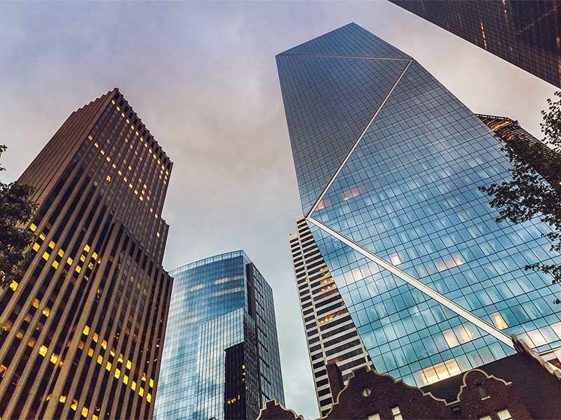 Low angle view of modern skyscrapers in business district in Seattle, Washington state, USA